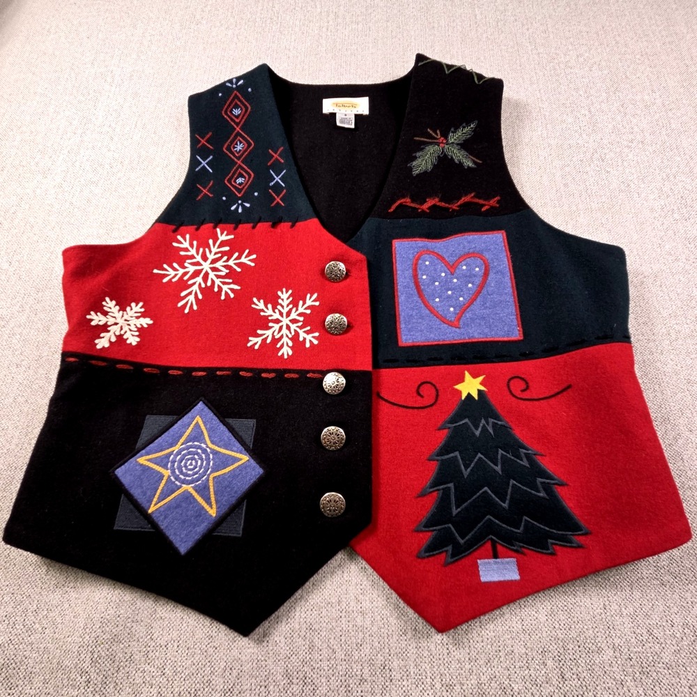 VTG Talbots Petites Christmas Vest Womens PS Wool Blend Holiday Embroidered Xmas